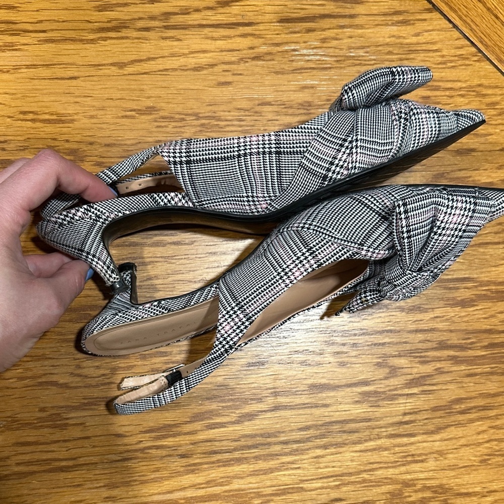 *ZARA* Trafaluc Black x White Plaid Slingback Kitten Heels Size 37 - Picture 11 of 11